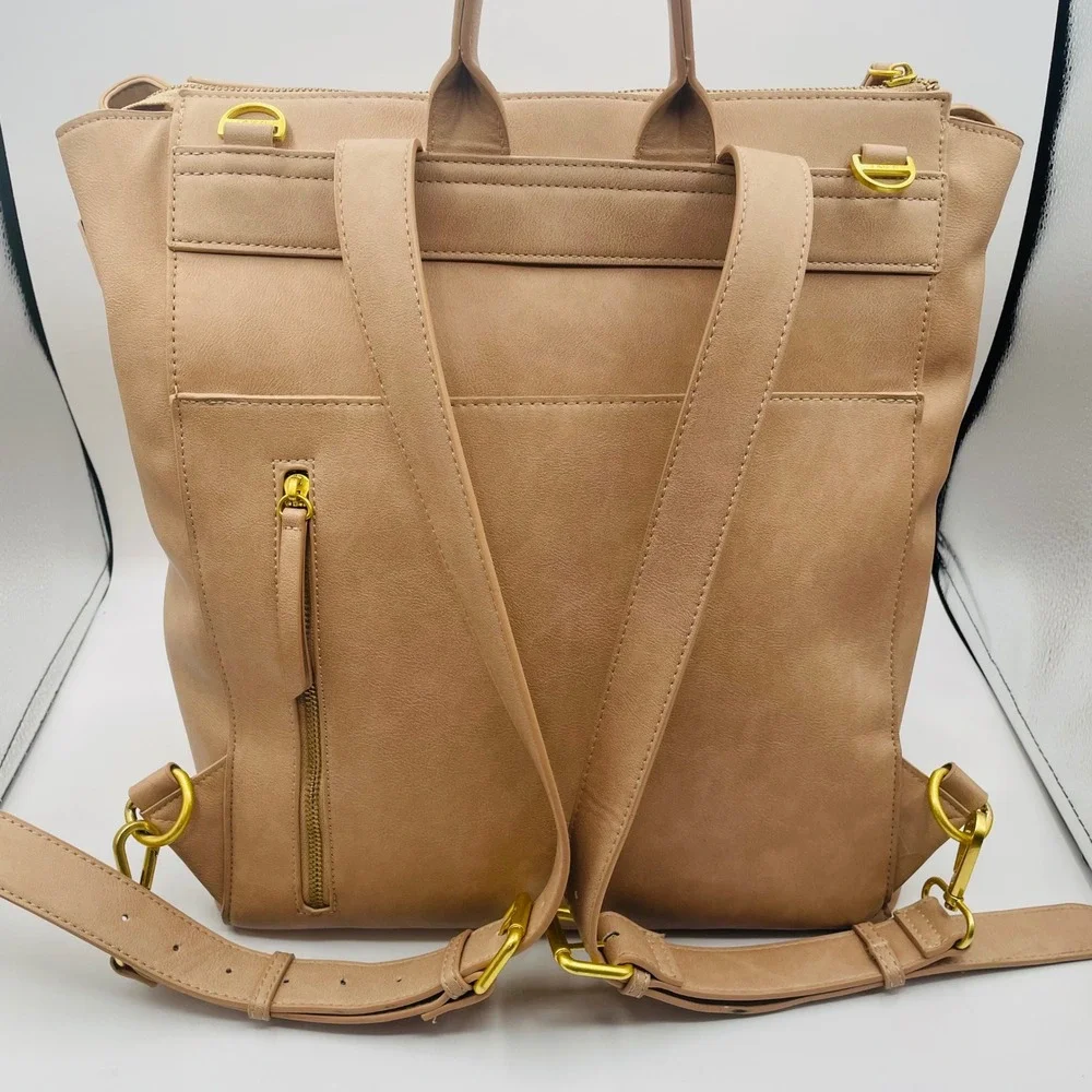 FAWN Square Backpack Diaper Bag Tan Faux Leather Gold Tone Hardware